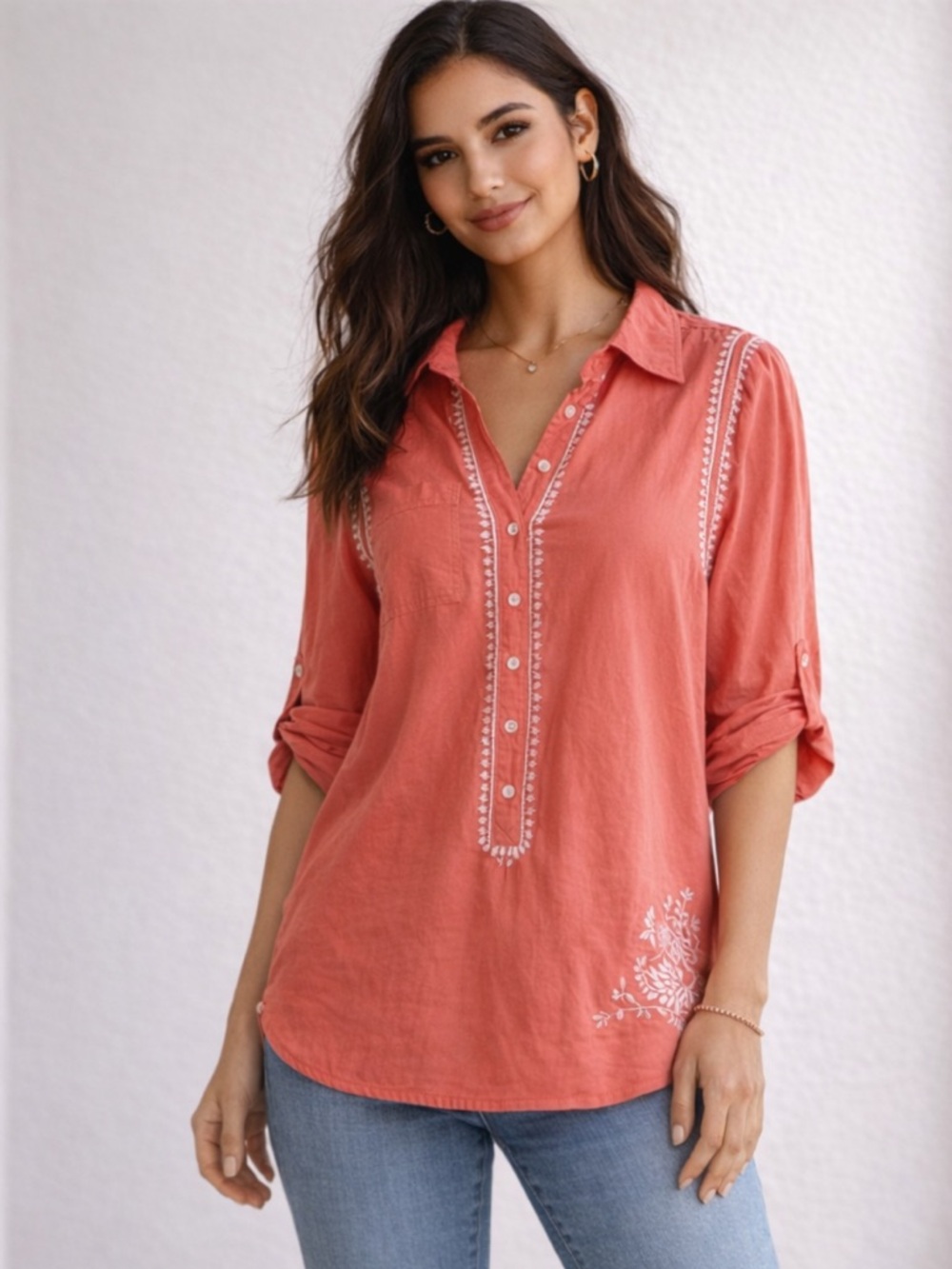 Sundance Coral Embroidered Tunic Shirt 100% Cotton